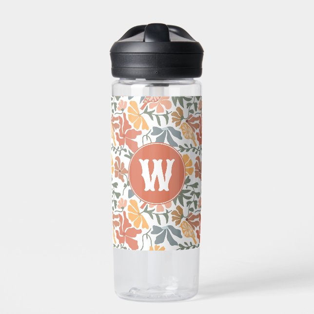Abstract Floral Birds Mid Century Modern Monogram Water Bottle (Front)