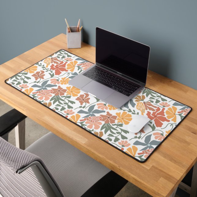 Abstract Floral & Birds Mid Century Modern Pattern Desk Mat (Office 2)