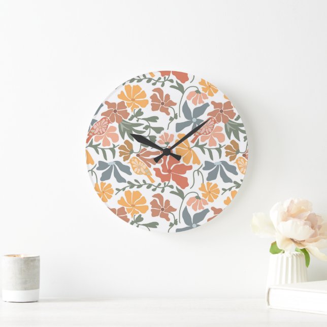 Abstract Floral & Birds Mid Century Modern Pattern Large Clock (Home)
