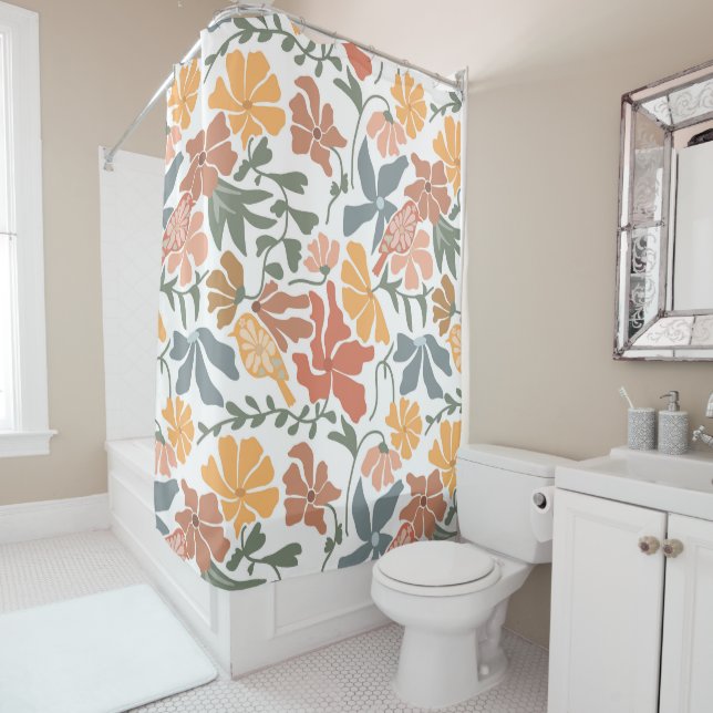 Abstract Floral & Birds Mid Century Modern Pattern Shower Curtain (In Situ)
