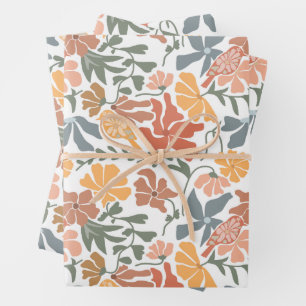 Abstract Floral & Birds Mid Century Modern Pattern Wrapping Paper Sheet