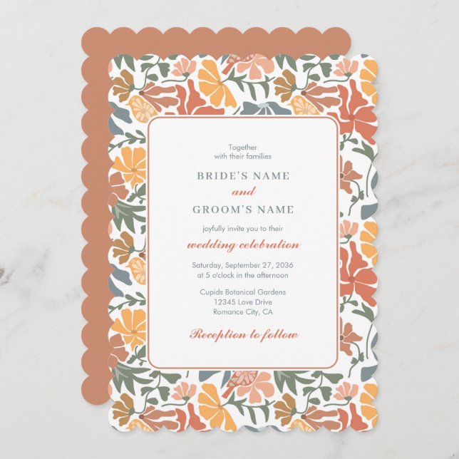 Abstract Floral & Birds Mid Century Modern Wedding Invitation (Front/Back)