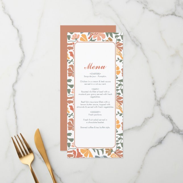Abstract Floral & Birds Mid Century Modern Wedding Menu (Front/Back In Situ)
