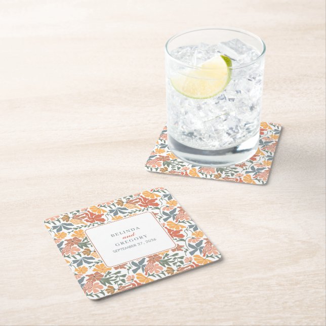 Abstract Floral & Birds Mid Century Modern Wedding Square Paper Coaster (Insitu)