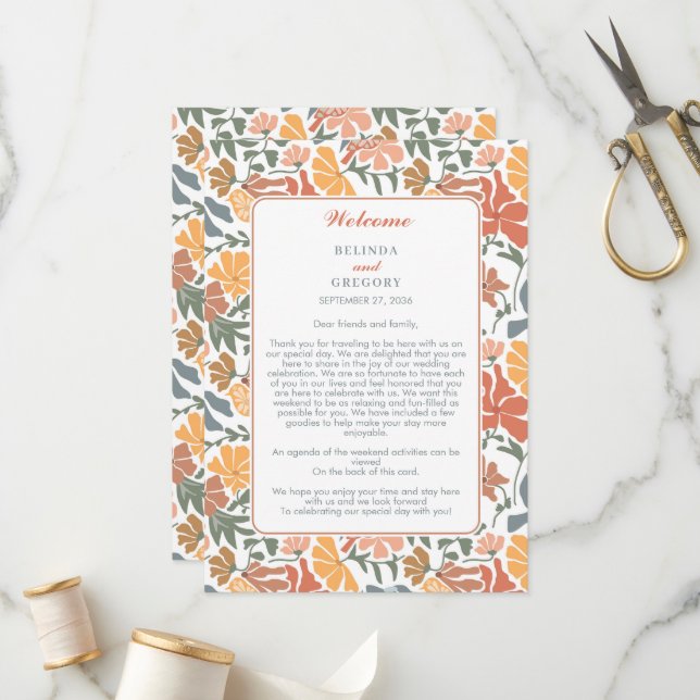 Abstract Floral Birds Midcentury Wedding Itinerary Program (Front/Back In Situ)