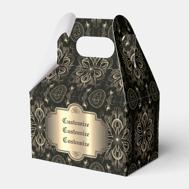 Abstract Floral Black And Gold Gable Favour Box (Front Side)