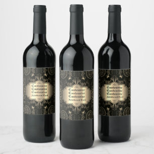 Abstract Floral Black And Gold Wine Label
