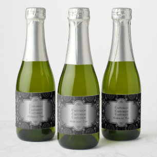 Abstract Floral Black And Silver Sparkling Wine Label