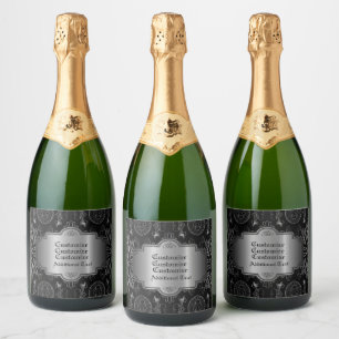 Abstract Floral Black And Silver Sparkling Wine Label