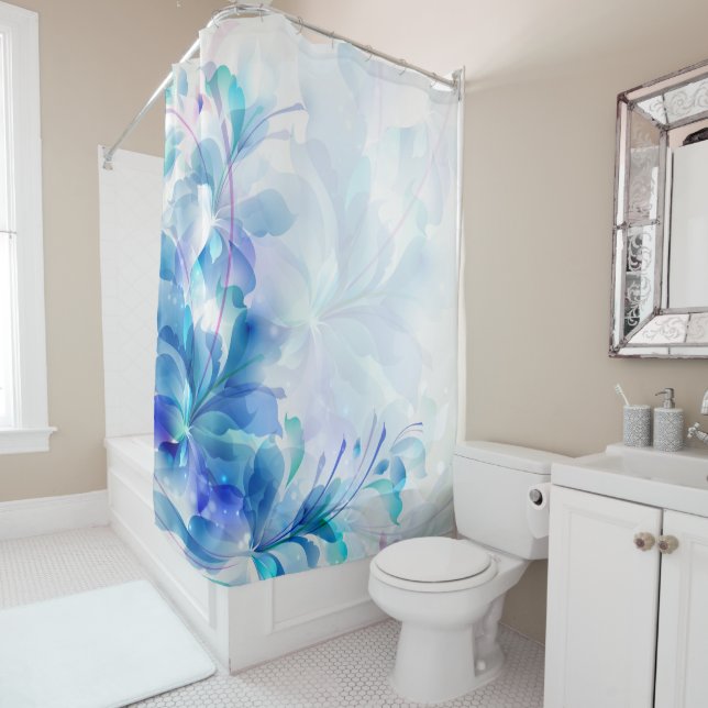 Abstract Floral Blue And White Shower Curtain (In Situ)