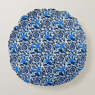 Abstract floral, blue, black and beige fashion t round cushion