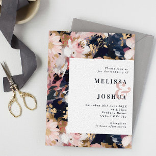 Abstract Floral Blush & Navy Wedding Invitation