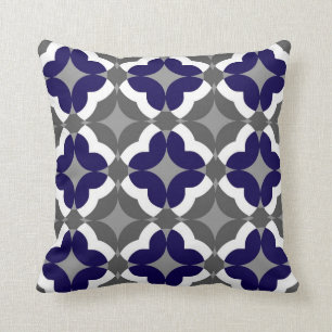 Abstract Floral Clover Pattern in Cobalt and Grey Cushion