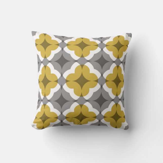 Abstract Floral Clover Pattern in Mustard and Grey Cushion (Front)