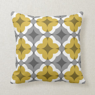 Abstract Floral Clover Pattern in Mustard and Grey Cushion