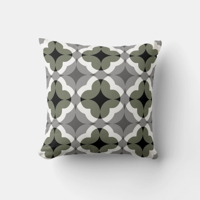 Abstract Floral Clover Pattern in Olive and Grey Cushion (Front)
