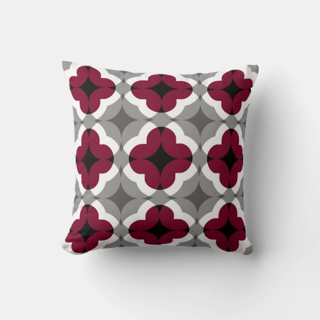 Abstract Floral Clover Pattern in Red and Grey Cushion (Front)