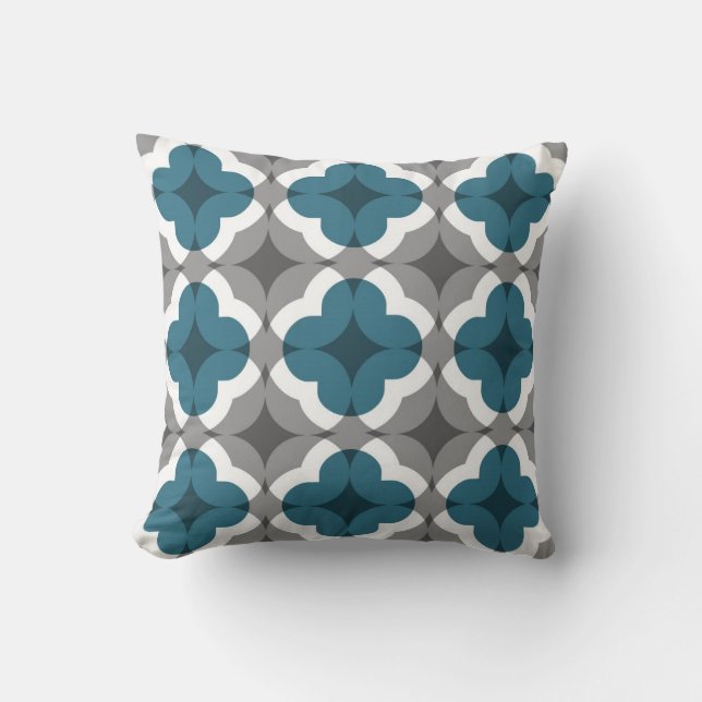 Abstract Floral Clover Pattern in Teal and Grey Cushion (Front)