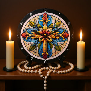 Abstract Floral Cross Large Clock