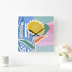 Abstract Floral Dandelion Colour Blocks Modern Square Wall Clock