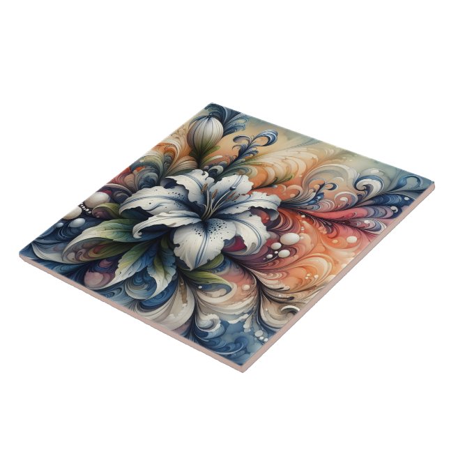 Abstract Floral Design Featuring White Lily Ceramic Tile (Side)