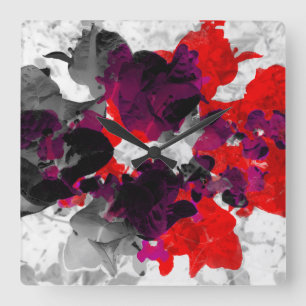 Abstract floral design - red and purple over white square wall clock