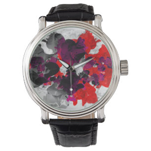 Abstract floral design - red and purple over white watch