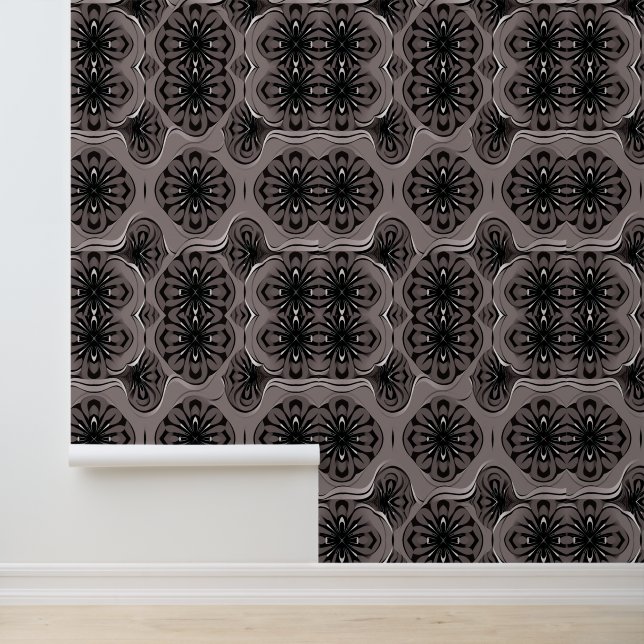 Abstract Floral Geometric Black and Grey Pattern Wallpaper (Application)
