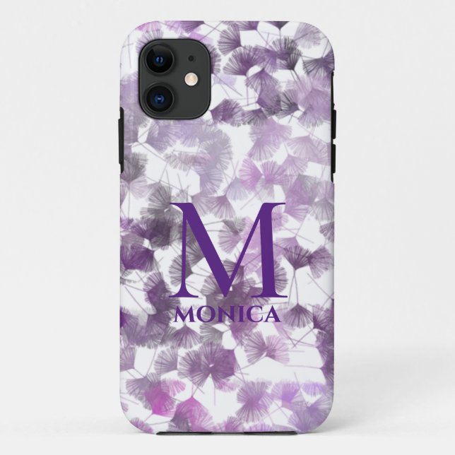 Abstract Floral Girly Purple White Monogram Name Case-Mate iPhone Case (Back)
