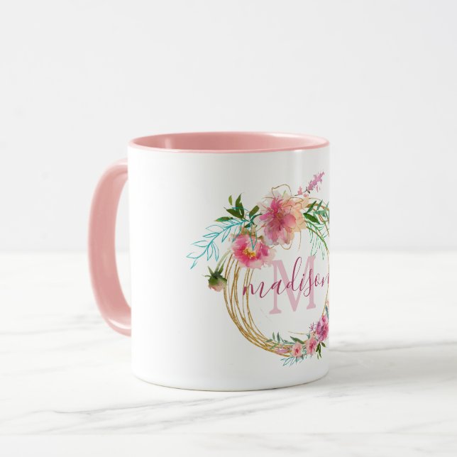 Abstract Floral Gold Wreath Hand Lettered Monogram Mug (Front Left)
