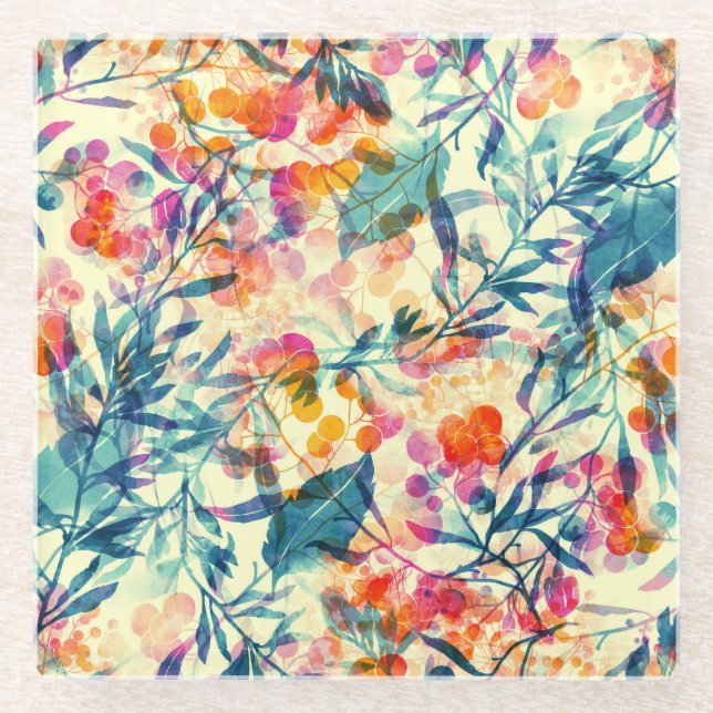 Abstract floral: herbs, flowers pattern. glass coaster (Front)
