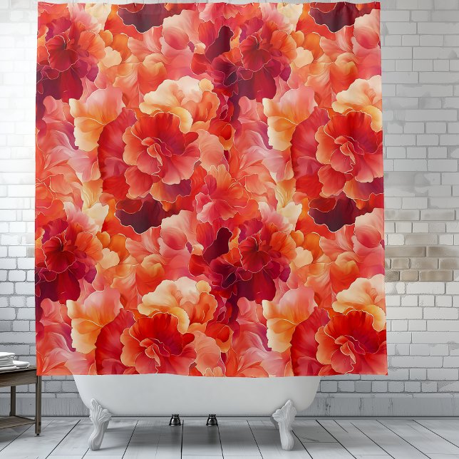 Abstract Floral Ignition Shower Curtain (Floral Ignition Shower Curtain.  Orange, coral, red abstract floral.)