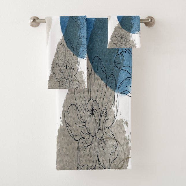 Abstract Floral in Blue and Taupe  Bath Towel Set (Insitu)