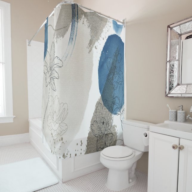 Abstract Floral in Blue and Taupe  Shower Curtain (In Situ)