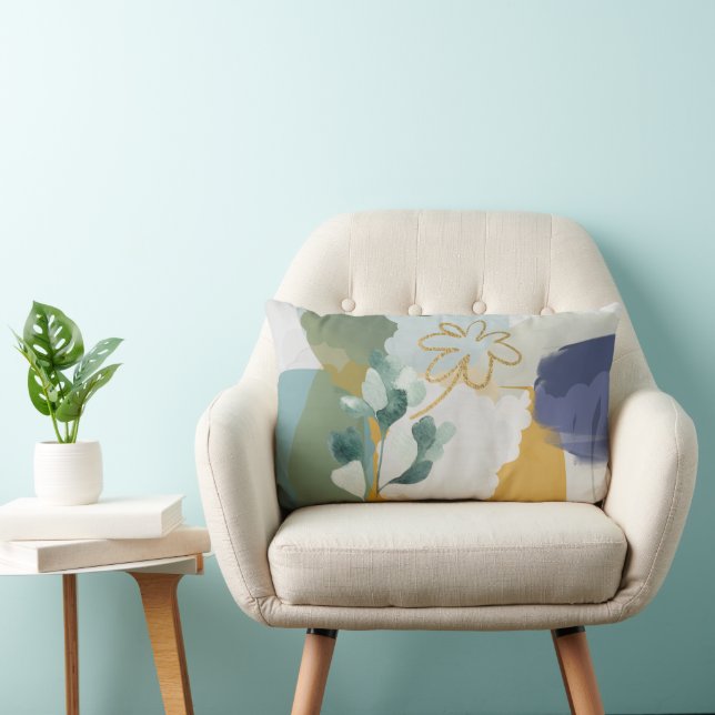 Abstract Floral in Blue, Sage Gold Lumbar Pillow (Chair)