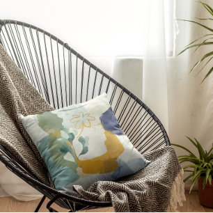 Abstract Floral in Blue, Sage Gold Throw Pillow