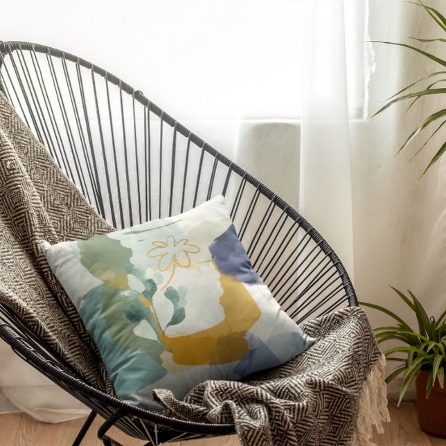 Abstract Floral in Blue, Sage Gold Throw Pillow (Creator Uploaded)