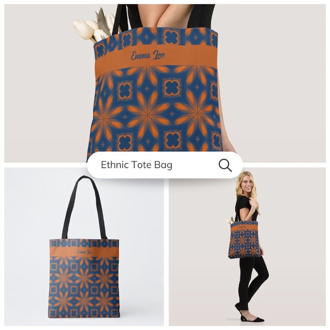 Abstract floral kaleidoscope dark blue orange tote bag (Creator Uploaded)