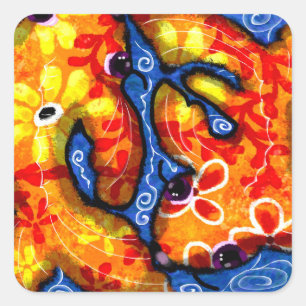 Abstract Floral Koi Fish Orange Yellow Red Blue Square Sticker