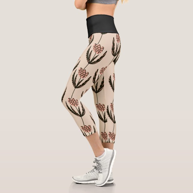Abstract Floral Leaf Greenery Black Pattern Capri Leggings (Left)