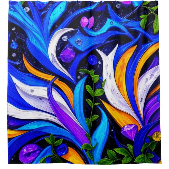 Abstract Floral Leaves Luminous Botanical Pattern Shower Curtain (Front)