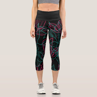 Abstract Floral Line Art Pattern Design Capri Leggings