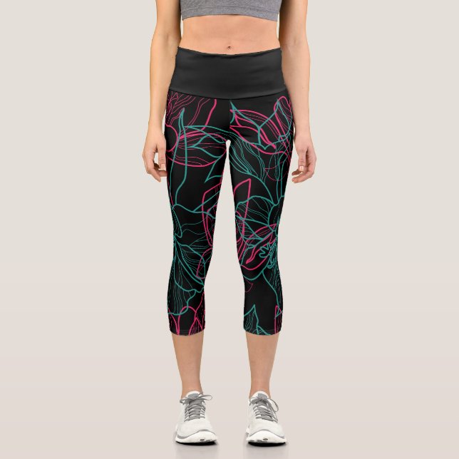 Abstract Floral Line Art Pattern Design Capri Leggings (Front)