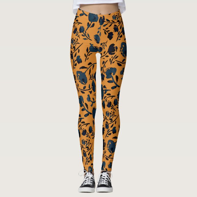 Abstract Floral Mustard & Blue Chic Leggings (Front)