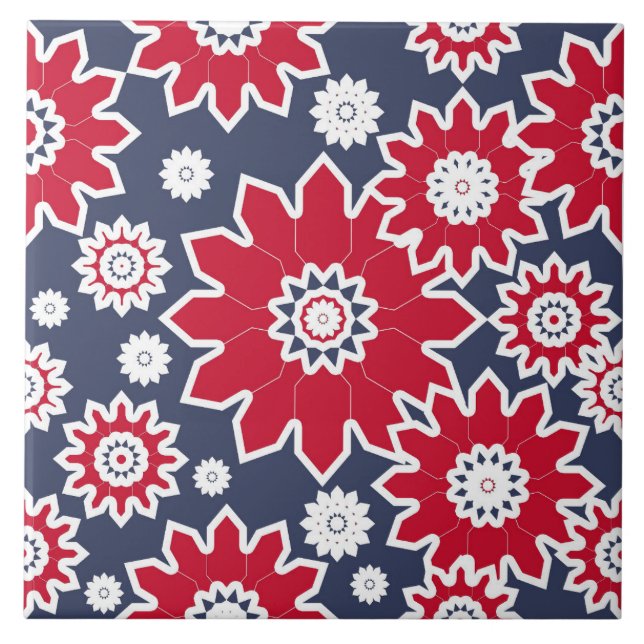 Abstract floral pattern, burgundy, white, blue ceramic tile (Front)