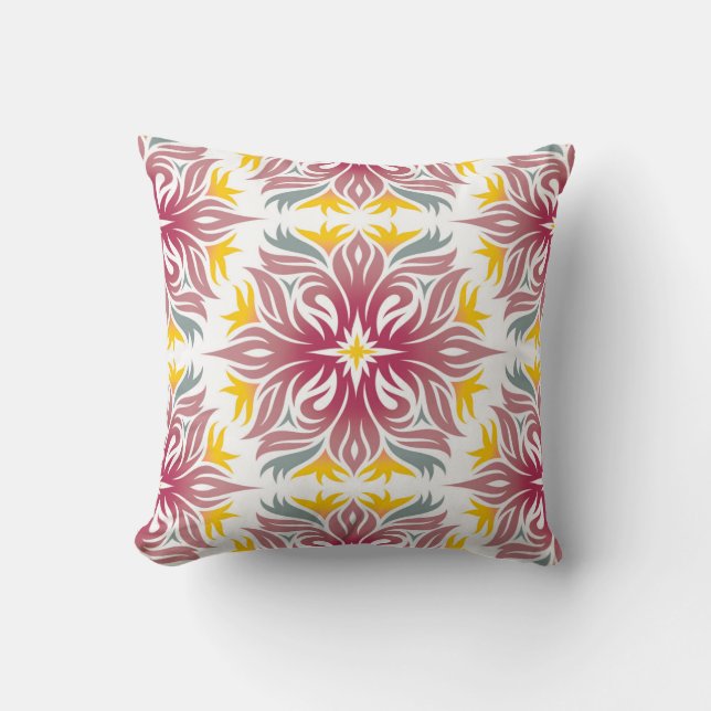 Abstract Floral Pattern Cranberry Yellow Cushion (Front)