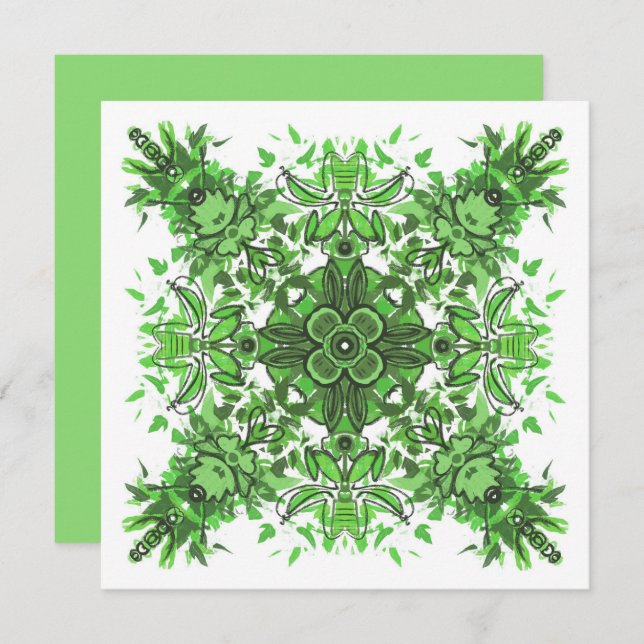 Abstract Floral Pattern In Black Green On White Card (Front/Back)