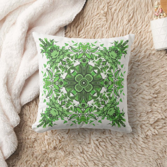 Abstract Floral Pattern In Black & Green On White Cushion (Blanket)