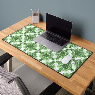 Abstract Floral Pattern In Black & Green On White Desk Mat