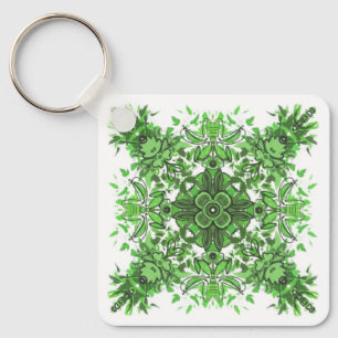Abstract Floral Pattern In Black & Green On White Key Ring